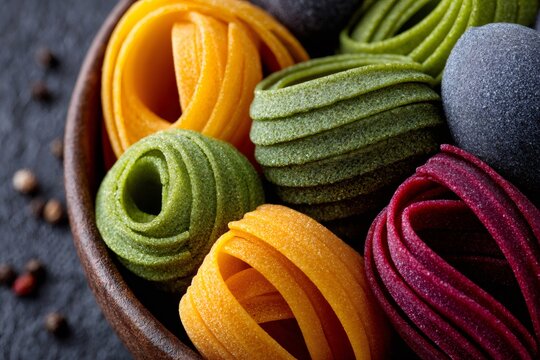 Colorful uncooked tagliatelle pasta in a rustic bowl