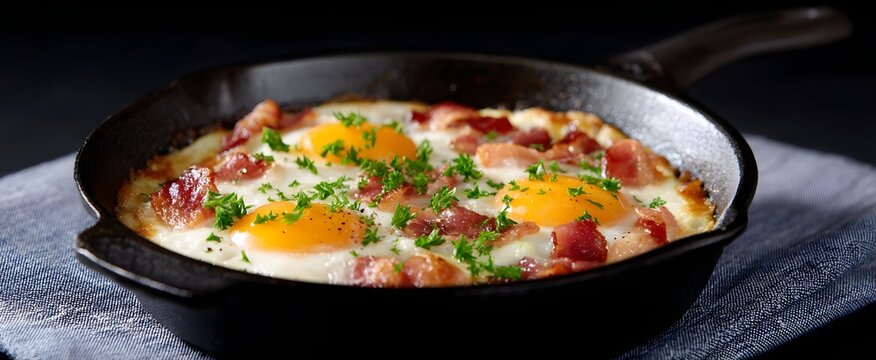 Hearty cast iron skillet meal with eggs and crispy bacon for breakfast.