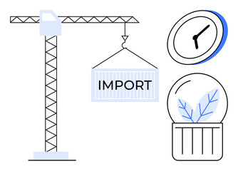 Crane hoisting an import container, wall clock, and potted plant. Ideal for logistics, trade, import-export, time management, efficiency sustainability and green economy. A simple flat metaphor