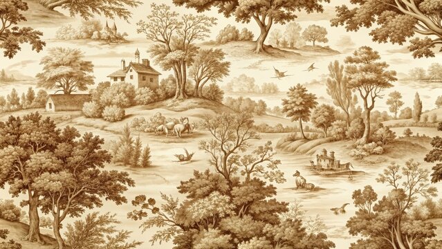 Seamless vintage toile pattern with countryside landscapes in sepia and beige tones on cream background