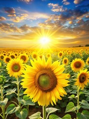 Obraz premium Bright sunflower field in full bloom on a vibrant yellow background