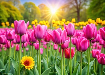 Obraz premium A field of vibrant pink tulips swaying gently in the spring breeze amidst lush greenery and sunflowers