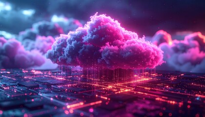 Storage Synchronization: Geometric data blocks ascending from circuit board foundation into ethereal cloud formation above
