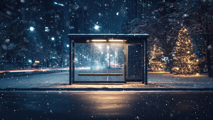 Illuminated bus stop at night, falling snow. Glowing Christmas trees and blurred city lights create a magical, tranquil urban winter scene.