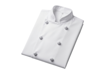 Isolated white chef's jacket or uniform, long-sleeved coat with toggle buttons and stand-up collar
