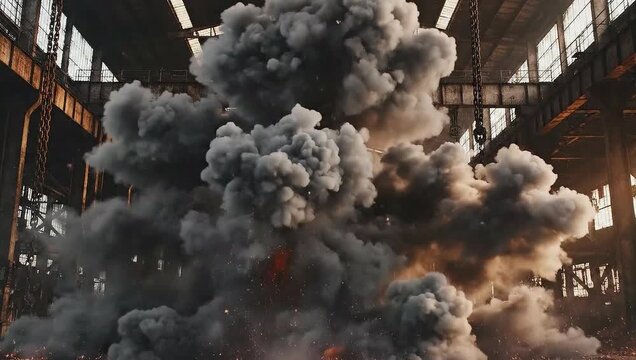 Massive dark smoke cloud from an explosion or fire inside an industrial building, dramatic scene with warm light filtering in.