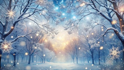 Delicate snowflakes gently fall in a serene winter wonderland setting amidst bare branches and frosty trees