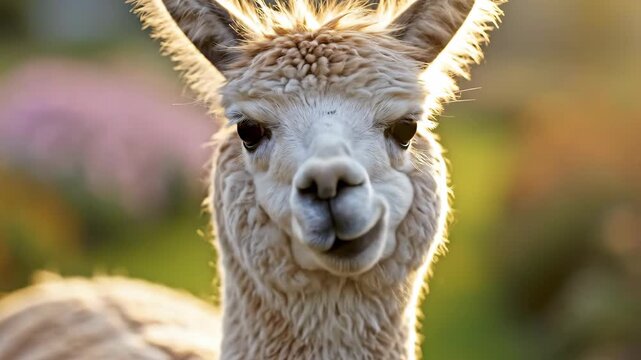 Close up of a Fluffy Alpaca Looking at the Camera Outdoor