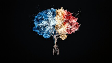 A stylized tree with branches forming a brain shape, featuring roots and vibrant, cloud-like foliage in blue, yellow, and red hues against a dark backdrop.
