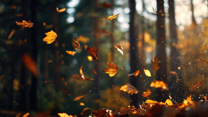 Vibrant autumn leaves fall and dance through a sun-dappled forest, creating a beautiful, golden spectacle of the season's charm.