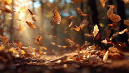 Golden autumn leaves gracefully fall and scatter across a sun-dappled forest path, capturing the essence of the season.