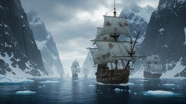 Ferdinand Magellan's fleet navigates icy waters with sails straining against the wind