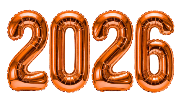 inflated reflective glassy orange inscription 2026 isolated on transparent background, png