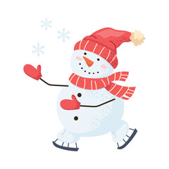 Joyful snowman in red hat and scarf skating through snowy day. Fun lively winter character perfect for kids projects, Christmas cards, stickers, prints and festive seasonal designs Vector illustration