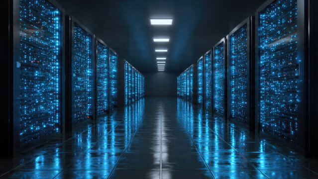 A futuristic data center corridor with glowing blue server racks, reflecting on the floor. Symbolizes powerful network infrastructure, cloud computing, and digital processing.