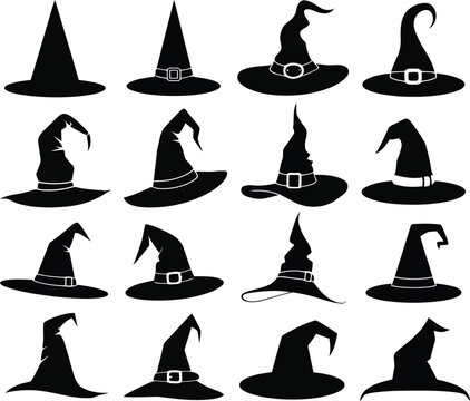 Collection of black witch hats silhouette icons for halloween
