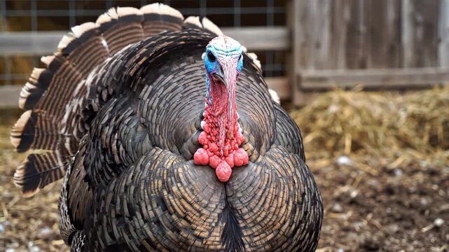 Turkey Stands Near Hay Bale in Early Morning Light