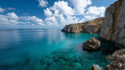 Coastal view with clear turquoise waters and rocky cliffs under a cloudy sky