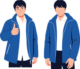 Two men in blue jackets standing together, casual fashion illustration, confident man showing thumbs up, friendship and communication concept