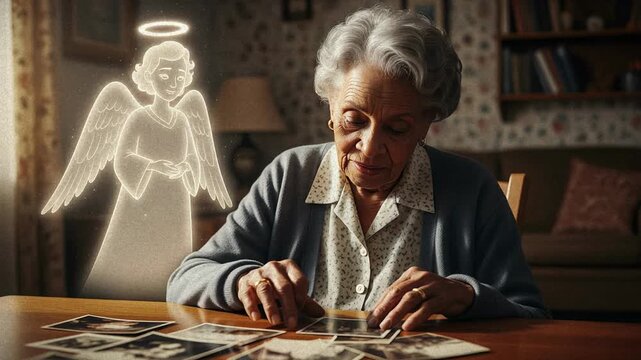 Memory and reflection as an angel watches over an elderly woman while she sorts through old photographs