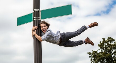 Windblown Daredevil: Woman Clinging to Blank Sign in Powerful Gust