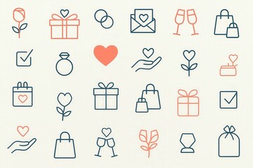 Illustrated symbols of love and companionship featuring gifts, floral designs, hearts, and celebrations creating a romantic ambiance for expressions of affection and relationships