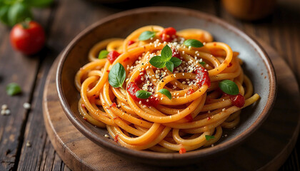 Minimalist Spaghetti Dish on Wooden Plate with Natural Light
