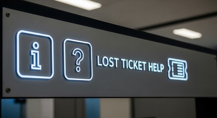 Naklejka premium Illuminated Sign Indicating Help For Lost Tickets In A Transportation Hub or Facility