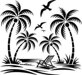 Fototapeta premium Tropical beach scene with palm trees lounge chair and seagulls flying