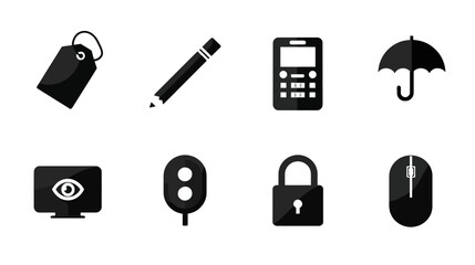 Versatile black flat icon set featuring tag, pencil, mobile phone, umbrella, security lock, monitor, mouse, and traffic light.