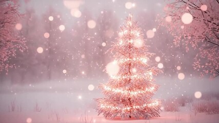 Soft pink Christmas tree with falling snow - Powered by Adobe