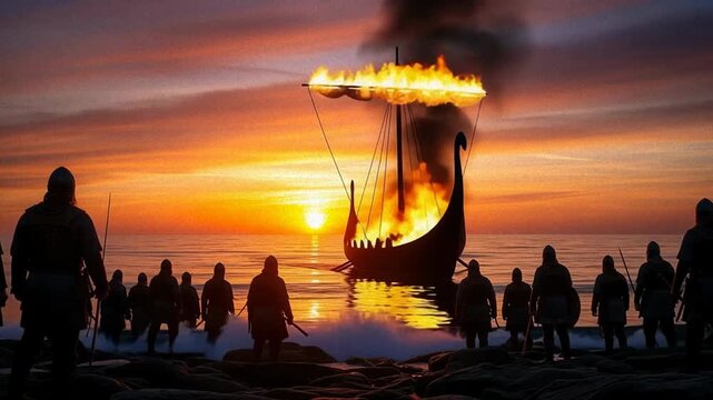Viking burial at sea as flames engulf longship during sunset ritual on calm waters
