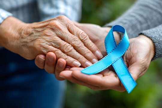 Senior hands holding blue prostate cancer awareness ribbon - Powered by Adobe