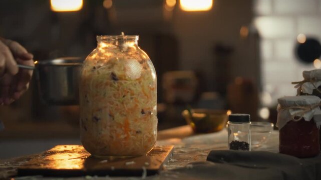 In a warm kitchen, someone pours prepared rossol marinade into a large jar of shredded cabbage to start fermentation. This process is part of making a traditional dish at home