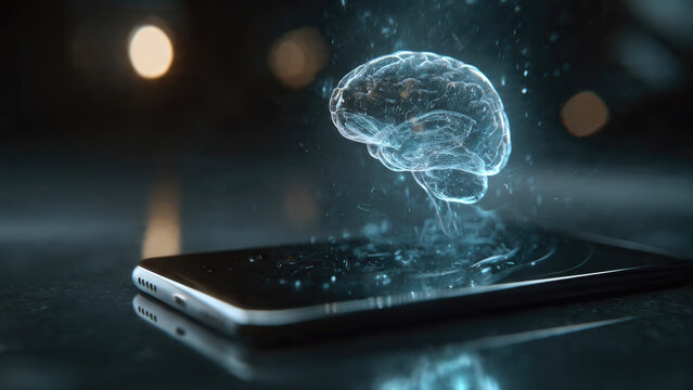 A holographic, glowing blue brain emerges from a smartphone, symbolizing AI, technology, and intelligence. Digital mind, mobile computing, future concepts.
