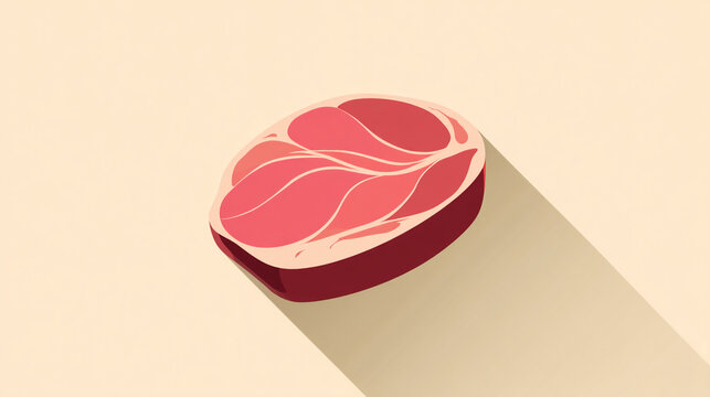 A stylized illustration of a raw meat cut with a long shadow on a light beige background