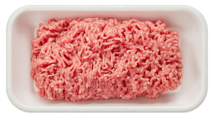 A top down view of ground meat in a white styrofoam tray on a white background isolated shot