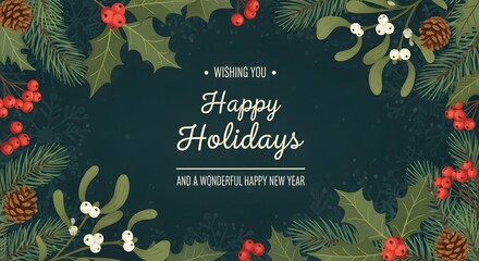 Obraz premium Elegant happy holidays card with botanical frame and dark background