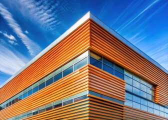 Obraz premium Modern building with blue sky backdrop and orange horizontal stripes on its exterior walls