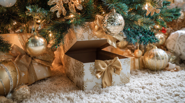 the foot of the Christmas tree, a big trap made from a big Christmas gift box open