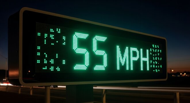 Illuminated Speed Sign Displays The Current Velocity On A Roadway At Twilight