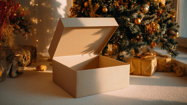 the foot of the Christmas tree, a big trap made from a big Christmas gift box open