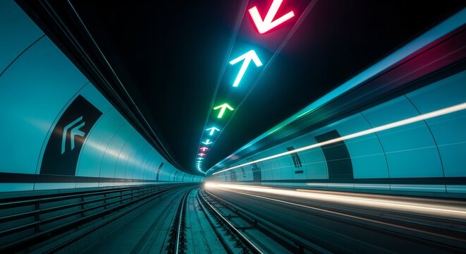 Illuminated Subway Tunnel With Directional Arrows, Futuristic Transportation Concept