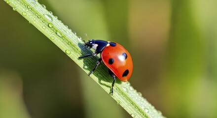 A classic red ladybug with black spots, crawling on a single green blade of grass 