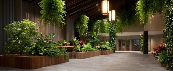 a welcoming communal hall thriving with vibrant leafy plants and greenery indoors