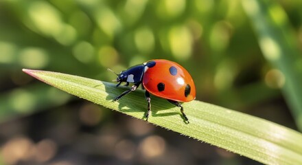 Fototapeta premium A classic red ladybug with black spots, crawling on a single green blade of grass 2