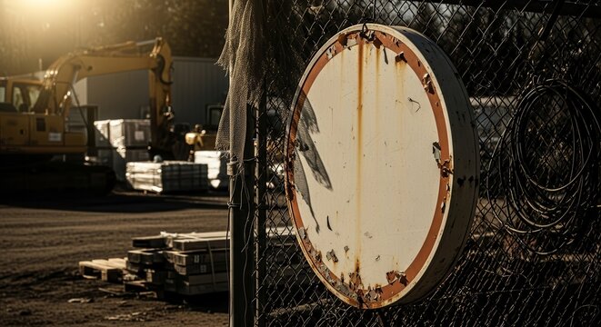 Industrial Scene With Heavy Machinery and Weathered Sign Against Chain-Link Fence