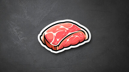 A cartoonish sticker of a raw piece of meat on a dark gray textured background surface