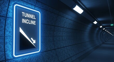 Illuminated Tunnel Sign Indicating Incline, Leading to Exit, Blue Wall