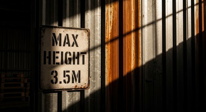 Industrial Sign Displaying Max Height Restriction Information Against Weathered Metallic Surface